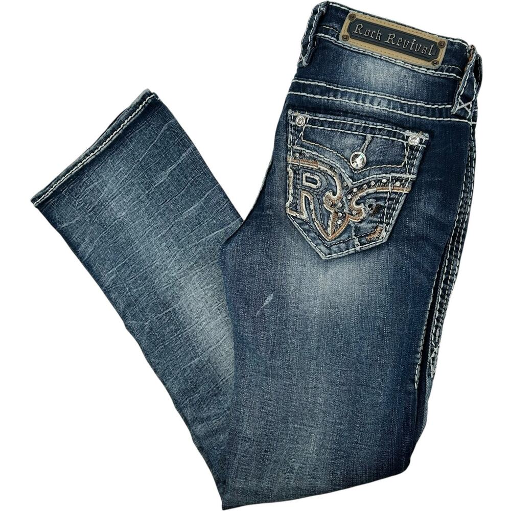 VTG y2k Womens Low Rise Rock Revival Medium Wash Blue Denim Sundee Bootcut Jeans